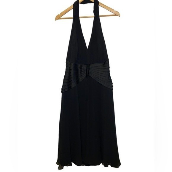 Vintage Tadashi Shoji Silk Halter Black Ruffle Pleated Chiffon Dress Size 12 - Picture 2 of 11